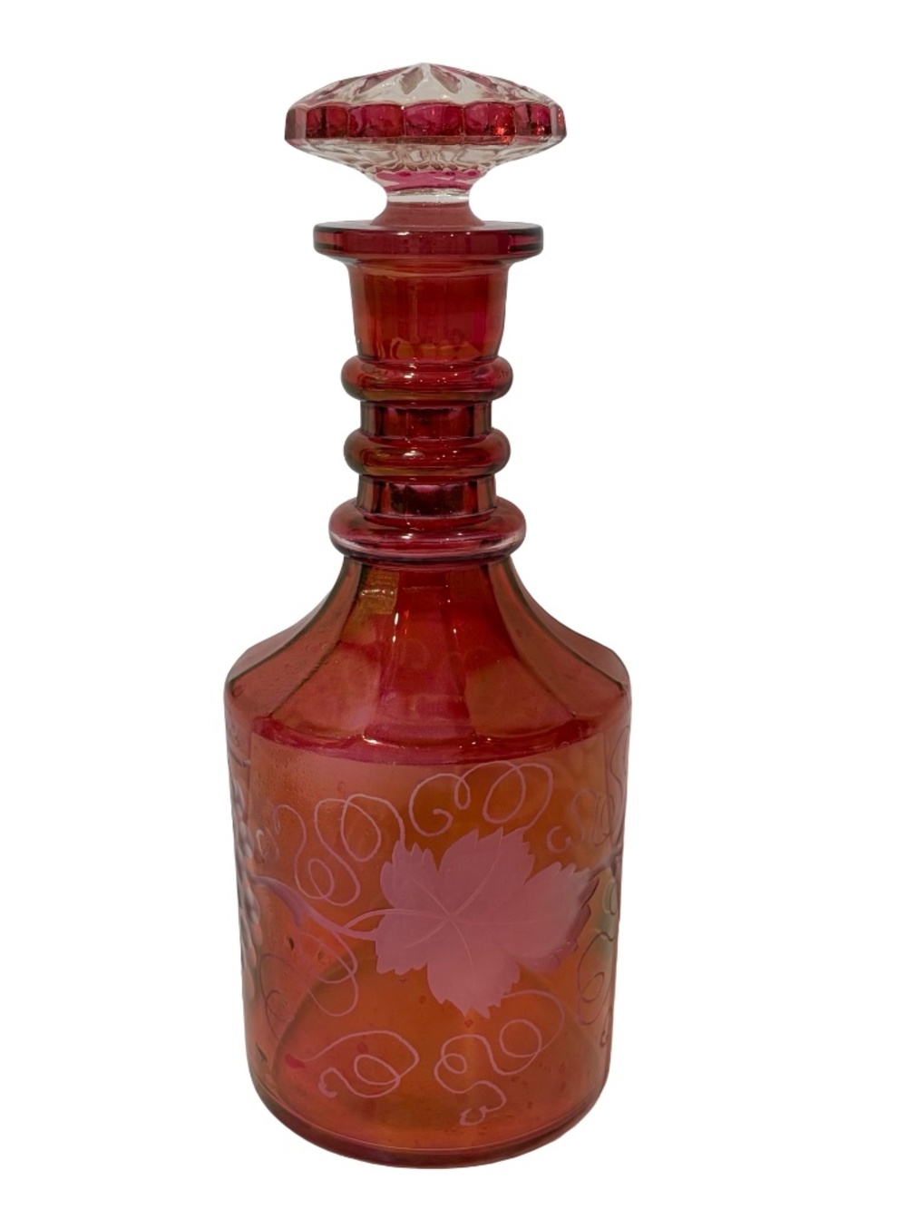 Vintage Cranberry Red CUT TO CLEAR Etched Glass Decanter Bottle with Stopper 10"